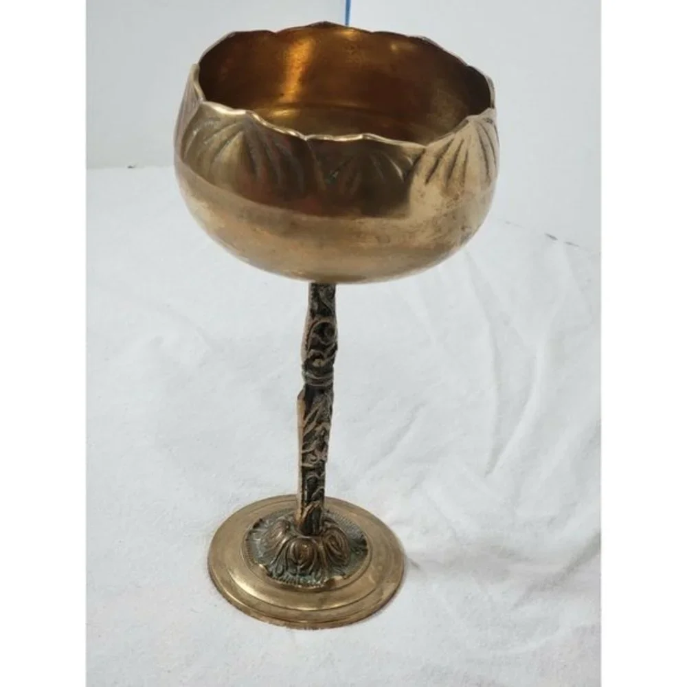 Mid Century 9 3/4" Tall Solid Brass Wine Goblet Chalice Tealight Candle Holder - Picture 6 of 7